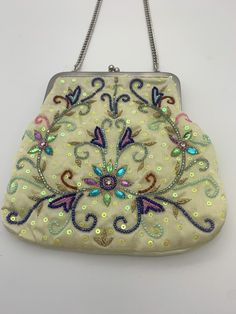 Boho Evening Clutch/purse white Satin, Floral Embroidered Sequined & beaded. Festive Embroidered Beige Evening Bag, Festive Beige Embellished Evening Bag, White Embroidered Rectangular Evening Bag, Festival Beaded Beige Bags, Beaded Beige Bags For Festivals, White Embellished Bags For Festive Occasions, White Embellished Bag For Festive Occasions, White Embellished Festive Bags, White Beaded Bags For Festivals