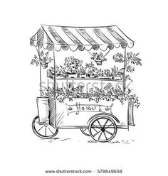 a drawing of a flower cart with flowers on the side royalty photo and royalty illustration