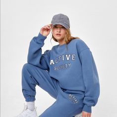 Brand New Active Society Embroidered Graphic Sweatshirt With Tag Oversized Embroidered Sweatshirt For Loungewear, Oversized Varsity Sweats For Fall, Oversized Varsity Sweatshirt For Spring, Spring Oversized Varsity Sweatshirt, Oversized Winter Sweatshirt With Letter Embroidery, Winter Oversized Embroidered Sweatshirt, Oversized Letter Embroidery Sweatshirt For Winter, Casual Letter Print Sweats For Spring, Casual Sweats For College