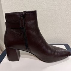 Beautiful Dark Chocolate Side-Zip, Block Heel, Pointed-Toe Leather Booties With Gold, Ocatgonal Buckle Formal Round Toe Booties With Buckle Closure, Formal Booties With Buckle Closure And Round Toe, Brown Leather Chelsea Boots, Cole Haan Boots, Cheetah Heels, Buckle Booties, Black Riding Boots, Brown Leather Ankle Boots, Black Suede Heels