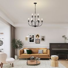 a living room filled with furniture and a chandelier hanging from the ceiling next to a piano