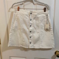 Nwt A New Day White Jean Skirt Size Large New High Waist White Skort For Fall, Casual White Skirt For Fall, White Skort For Fall Day Out, White Fall Skort For Day Out, Casual White Denim Skirt For Fall, White Cotton Mini Skirt For Fall, White Mini Skirt With Button Closure For Summer, White High Waist Skirt With Button Closure, High Waist White Skirt With Button Closure