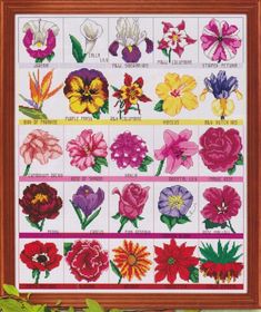 a cross stitch pattern with flowers in different colors and sizes on the front of a wooden frame