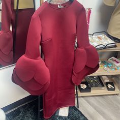 This Scuba Dress Has Flare Sleeves Petal Sleeve Dress, Rose Sleeve, Red Petals, Petal Sleeve, Scuba Dress, Flare Sleeves, Burgundy Wine, Flared Sleeves, Wine Red