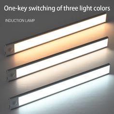 two lights that are sitting next to each other on a table with the words, one - key switching of three light colors induction lamp