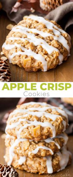 apple crisp cookies with white icing and pine cones on the side, one is cut in half