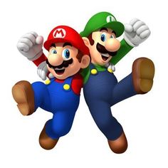 mario and luigi are dancing in front of the nintendo logo on a white background with red lettering