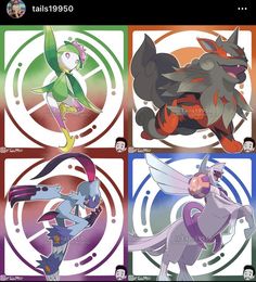 four different pokemon pictures with the same character