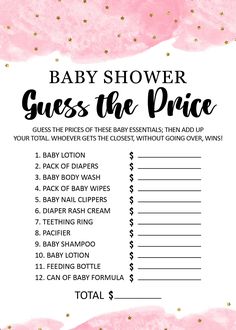 baby shower guess the price game with pink watercolor paint and gold stars on it