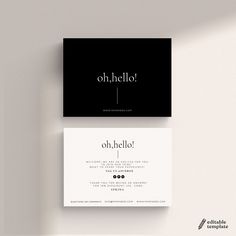 a black and white business card with the word oh hello on it's side