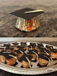 there are cupcakes that have been placed on top of each other in the shape of graduation caps