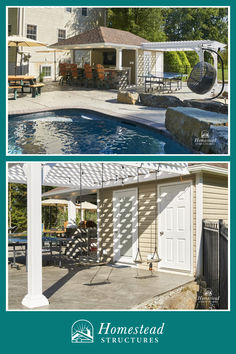 two pictures of a house with a pool in the middle and an above ground swimming pool