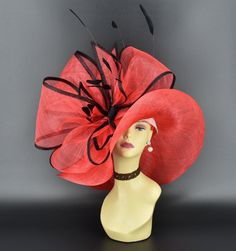 ✿*.Key Features: This red color has orange shade. 100% high quality Sinamay woven material, wide brim with Jumbo bows. It's more beautiful in person! Light and comfortable! Great for Kentucky derby, weddings, Royal Ascot, horse races, cocktails, tea party, or any hat wearing occasion. Hat base size: From front to back appr: 20.5" (52cm) From left to right appr: 21.25" (54cm) Wide brim Appr: 7~8" Head girth: 22.5" (57cm) , adjustable string inside to make smaller to fit your head. If you want other colors in this style, just search the same item code in my store, you will find them. ✿*.Tip.*✿ ❣️If you want a customized piece, please follow the instructions below: 🔹Present style of hat or fascinator you would like from the store, with additional photos of your outfit and any other details y Red Brimmed Hat For Church, Red Brimmed Church Hat, Red Short Brim Hats For Church, Red Top Hat For Spring Church, Red Top Hat For Spring Church Events, Red Wide Brim Costume Hat For Church, Red Top Hat With Curved Brim For Spring, Red Hats For Spring Gifts, Red Spring Hat For Gift