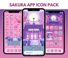 three smartphones with pink screens on them and the text sakura app icon pack