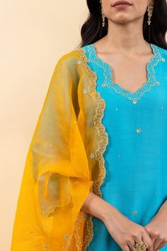 Shop for Pita Nila Blue Isla Chanderi Bead Embroidered Kurta Set for Women Online at Aza Fashions Dupatta Embroidery, Sheer Dupatta, Placement Embroidery, Mango Yellow, Anarkali Dress Pattern, Kurta Set For Women, Outfits Woman, Designer Outfits, Embroidery Designs Fashion