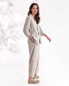 Autumn essential. In the winds of change, a linen blazer is a must-have addition to your closet. It is made from lightweight linen, has a loose silhouette, and features one button closure in front. Its minimal design makes it almost irreplaceable - it looks great combined with more formal outfits but also is a perfect finish for more relaxed looks - like jeans and sneakers. • Loose silhouette • One button closer and two front pockets Please note that due to the many variations in monitors and br Wrinkled Clothes, Linen Tunic Dress, Beige Blazer, Formal Outfits, Linen Shirt Dress, Linen Tunic, Fall Essentials, Formal Outfit, Linen Blazer