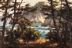 an oil painting of trees and the ocean in front of some cliffs with waves crashing on them