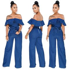 Denim Jean Jumpsuit Romper Off Shoulder.Stretchy Fabric, Wide Leg. Loop Holes For A Belt. Fabric 85% Cotton 15% Polyester **A Belt Do Not Come With This Item** Bust 34.6" Inseam 31" Waist 28.3" Hip 37.8" Length 52 Chic High-waist Denim Blue Overalls, Chic Non-stretch High-waist Denim Jumpsuit, Chic High Waist Dark Wash Jumpsuit, Chic High-waist Dark Wash Jumpsuits And Rompers, Chic Dark Wash High Waist Jumpsuits And Rompers, Chic High Waist Dark Wash Jumpsuits And Rompers, Chic High-waist Denim Jumpsuits And Rompers, Chic Denim High Waist Jumpsuits And Rompers, Chic Denim Blue Wide Leg Jumpsuits And Rompers