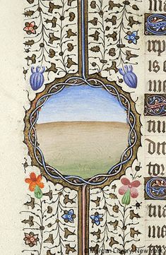 an old book with writing on it and a painting in the middle, surrounded by flowers