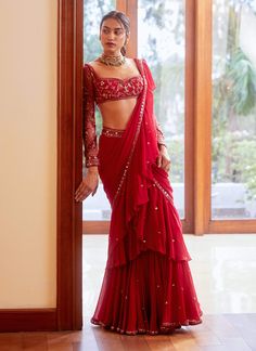 Sanya Gulati-Fuchsia Pre-Stitched Ruffle Saree Set-INDIASPOPUP.COM भारतीय दुल्हन संबंधी, डिजाइनर कपड़े, Indian Outfits Lehenga, Fashionable Saree Blouse Designs, Ruffle Saree, Traditional Indian Dress, Saree Designs Party Wear, Indian Fashion Saree, Indian Dresses Traditional