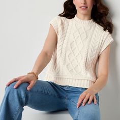 Layer this cable-knit Ryegrass women's sweater over a long-sleeve t-shirt with high-rise jeans for a trendy look. It has a crew neckline, cap short sleeves, and ribbed trim.Closure Type: Pullover HeadFit: Regular FitNeckline: Collar NeckSleeve Length: SleevelessApparel Length: 18.5 InchesFiber Content: 86% Acrylic, 10% Nylon, 4% Other 5% Or LessFabric Description: Cable KnitCare: Machine WashCountry of Origin: Imported Cozy Cable Knit Cotton Sweater Vest, Cozy Cotton Cable Knit Sweater Vest, Relaxed Fit Cable Knit Top For Layering, Cable Knit Tops For Layering With Relaxed Fit, Cotton Cable Knit Sweater Vest With Crew Neck, Casual Cable Knit Crew Neck Sweater Vest, Casual Cable Knit Sweater Vest, Relaxed Fit Cable Knit Top, Beige Cable Knit Sweater Vest