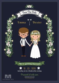 a wedding card with the bride and groom holding hands under an arch made of flowers