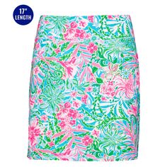 Lilly Pulitzer Maryana Leaf It Wild 17" Skort Size: Xs Color: Amalfi Blue (Green/Pink/Blue) Condition: New With Tags! Upf 50+ Luxletic Knit Golf Skort With Pockets On Front And Undershort 17" Length Meryl Nylon Pique (95% Meryl Nylon, 5% Spandex). Superbly Soft Meryl Yarn Provides Moisture Management And Excellent Sun Protection Pink Summer Skort, Short Length, Pink Summer Skort Short Length, Pink Short Summer Skort, Summer Pink Short Length Skort, Pink Floral Print Skort For Vacation, Pink Summer Skort With Built-in Shorts, Pink Fitted Skort, Pink Stretch Skort For Vacation, Lilly Pulitzer Shorts