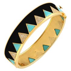 Enamel Turquoise Diamond Bangle Bracelet | From a unique collection of vintage Modern Bracelets at https://www.1stdibs.com/jewelry/bracelets/modern-bracelets/. Luxury Southwestern Style Bangle, 18k Gold Bangle, Diamond Bangle Bracelet, Modern Bracelets, Enamel Bangle, Diamond Bangles Bracelet, Red Gemstones, 18k Gold Jewelry, Enamel Bracelet