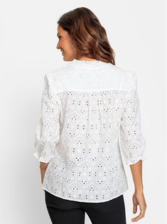 Blouse made completely of high-quality, subtly transparent Madeira lace. The rounded neckline is decorated with raised ruffles. Full-length button panel with pearl-effect buttons. Slight ruching at the shoulders and yoke. Shaping bust darts. The elastic at the bottom of the 3/4-length sleeves adds the ruffle look. 100% cotton. Machine washable. Imported. Chic Eyelet Blouse For Daywear, Chic Lace Tops With Eyelet Details, Chic Lace Eyelet Tops, Elegant Eyelet Tops For Daywear, Lace Blouse With Button Closure For Work, Elegant Broderie Anglaise Lace Top For Daywear, Elegant Fitted Lace Top With Broderie Anglaise, Daywear Eyelet Button-up Top, Elegant Long Sleeve Eyelet Blouse