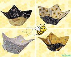 four different designs of paper bowls with bees on them