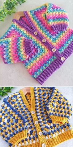 crocheted sweaters are shown in different colors and sizes, with buttons on the front