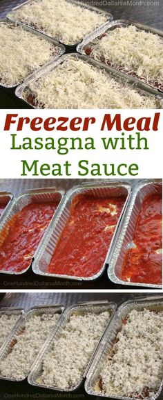 freezer meal lasagna with meat sauce is shown in three separate pans