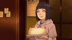 an animated woman holding a cake with strawberries on it in front of a door