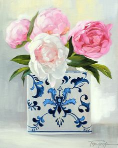 a painting of three pink and white flowers in a blue and white vase on a table