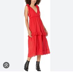 En Saison Size Small Eyelet Midi Dress In Red With Two Tiers. Tie Straps That Are Adjustable And A Side Zipper. 100% Cotton Red Midi Dress For Daywear, Sleeveless Red Midi Dress For Holiday, Red Sleeveless Midi Dress For Holiday, Red Midi Dress For Daywear In Spring, Red V-neck Midi Dress For Daywear, Casual Sleeveless Midi Dress For Holiday, Red Midi Dress For Holiday, Casual Midi Dress For Holiday, Eyelet Midi Dress