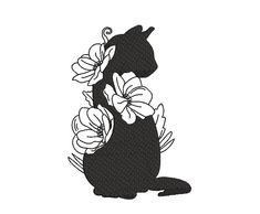 a black cat with flowers on its back, sitting in front of a white background