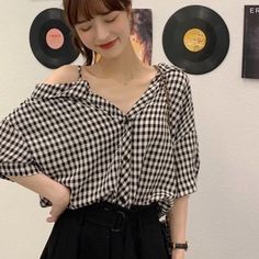 Gingham Asymmetrical Top Brand Yesstyle Trendy Grid Pattern Tops For Spring, Summer Casual Houndstooth Top, Casual Houndstooth Summer Top, Casual Houndstooth Top For Summer, Zara Gingham Tops For Summer, Zara Gingham Casual Tops, Casual Gingham Zara Tops, Gingham Blouse, Asymmetrical Tops