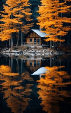 a cabin is surrounded by trees with yellow leaves on the branches and water in front