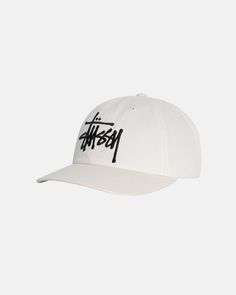 Low profile six panel twill cap. Stüssy basic stock logo embroidered at the front and back. - Snapback closure - Unstructured crown - Precurved brim - Stüssy basic stock logo - One size - Unisex - Main material: 100% cotton - Imported White Baseball Cap With Logo Print And Curved Brim, Adjustable Six-panel Hat With Logo Print, Classic Baseball Cap With Logo Print And Curved Brim, Classic Six-panel Hat With Logo, Classic Hat With Logo Print And Curved Brim, Classic Hat With Curved Brim And Logo Print, Classic Curved Brim Hat With Logo Print, Classic Logo Print Hat For Streetwear, Streetwear Baseball Cap With Embroidered Logo And Curved Visor