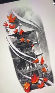 an artistic photo with orange flowers in the foreground and black and white photograph on the background