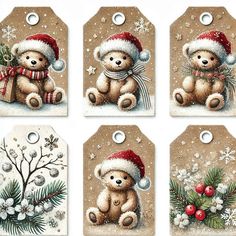 four tags with teddy bears and christmas decorations