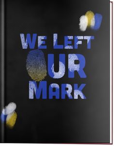 we left our mark written in blue and yellow on a black background with white dots