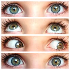 four different views of the eyes of a woman with long lashes and blue eyes, all showing