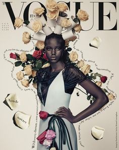 a woman with flowers on her head standing in front of a magazine cover