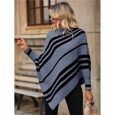 -Item Id 23633426 -Details: Asymmetrical -Neckline: Stand Collar -Sleeve Type: Cloak Sleeve -Style: Casual -Type: Poncho -Hem Shaped: Asymmetrical -Color: Blue -Pattern Type: Striped -Sleeve Length: Long Sleeve -Length: Long -Temperature: Late Fall (10-17/50-63) -Fit Type: Loose -Fabric: Medium Stretch, Slight Stretch -Material: Fabric -Composition: 100% Acrylic -Care Instructions: Hand Wash Or Professional Dry Clean -Sheer: No **Open To Offers!!!** **Bundle To Save More** **30% Off Bundles Of 2 Sweaters Striped, Knit Poncho, Loose Fabric, Late Fall, Asymmetrical Neckline, Striped Sleeve, Knitted Poncho, Fabric Medium, Colour List