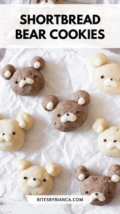 teddy bear cookies with white frosting on top and the words shortbread bear cookies above them