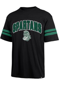 Support your Michigan State Spartans in this Black Short Sleeve Fashion Tee! This Donovan Berkeley Fashion T Shirt features a screen print team graphic across chest. Be ready to shout "Go Spartans" when you wear this MSU Short Sleeve Fashion T Shirt in the stadium or on the street. Vintage feel, Ring-spun combed cotton, Distressed graphic, Self fabric team applique on front chest and left sleeve, Tagless, 100% COTTON Black Cotton T-shirt With Team Logo, Black Cotton Sports Fan T-shirt, Collegiate Black T-shirt For Sports Season, Black Collegiate Jersey T-shirt, Black Collegiate T-shirt For Sports Events, Black Collegiate Style Jersey T-shirt, Collegiate Black T-shirt With Team Name, Black Collegiate Tops With Team Name, Black Sports Fan Top With Graphic Print