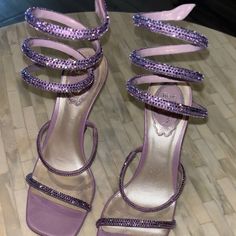 Shiny Purple. So Beautiful. Luxury Purple Heels, Rene Caovilla Heels Purple, Purple Embellished Open Toe Heels, Glamorous Purple High Heels, Caovilla Shoes, Rene Caovilla Shoes, Purple 4-inch Heel Synthetic Heels, Rene Caovilla, So Beautiful