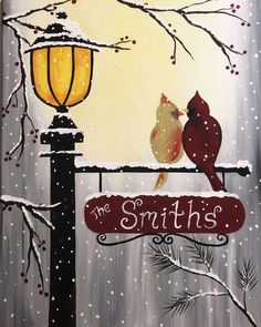 a painting of two birds sitting on a street light