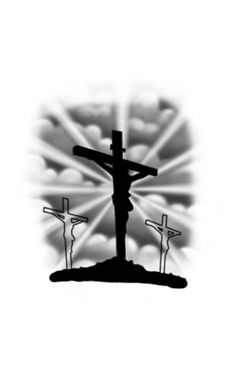 black and white image of the crucifix with sun rays coming through it